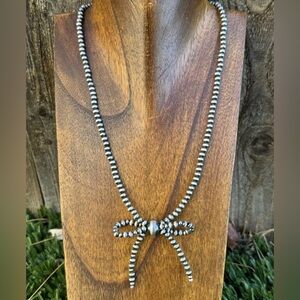 Bow Sterling Silver 4mm Pearls Bead Necklace. 18 Inch. Gift